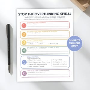 May include: A white paper worksheet titled STOP THE OVERTHINKING SPIRAL with six numbered sections in pastel colors, including a 5-MINUTE THOUGHT RESET circle, accompanied by a black pen. The text guides users through calming racing thoughts.