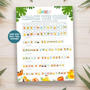 May include: A white paper with a summer-themed code-breaking game. The title reads "Summer Crack the Code" with a key of summer icons. The text "Keep Kids Busy This Summer" is on a teal circle. Green leaves frame the top.