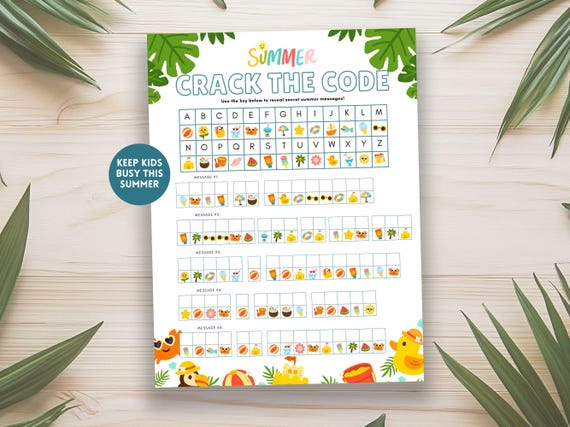Summer Printable Game for Kids, Crack the Code Activity, Keep Kids Busy, No Prep Boredom Buster, Kids Summer Activity, Instant Download