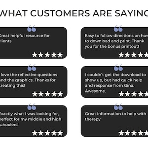 May include: A graphic display titled WHAT CUSTOMERS ARE SAYING featuring six black rectangular text boxes with rounded corners. Each box contains a customer review and five white stars. The text includes feedback about resources, downloads, and therapy.