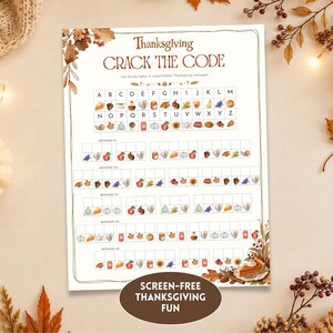 Op de afbeelding: Een Thanksgiving Crack the Code activiteitenblad met een letter-naar-icoon cijfersleutel en vijf gecodeerde berichten. De pagina is versierd met aquarelillustraties van herfstbladeren, pompoenen en bessen in warme oranje en bruine tinten.