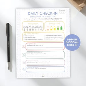May include: A white Daily Check-In sheet with prompts for mood, energy, and self-care, alongside a black pen. The sheet includes sections for gratitude, challenges, and proud moments. A blue circle reads "5-MINUTE EMOTIONAL CHECK-IN."