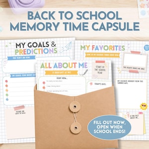 May include: A Back to School Memory Time Capsule kit featuring three printed activity sheets with grid backgrounds and colorful headers. The sheets include sections for goals, predictions, favorites, and personal facts, tucked into a brown paper envelope.
