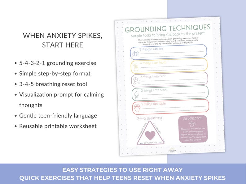5-4-3-2-1 Grounding Worksheet for Anxiety, Teen Coping Skills Printable ...