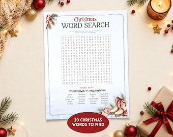 May include: A white paper Christmas word search puzzle with a grid of letters, a word bank, and festive illustrations of a candy cane, pine branches, and ice skates. The text reads Christmas Word Search and 20 Christmas Words To Find.