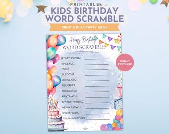 May include: Printable kids' birthday word scramble party game. The design features colorful balloons, a birthday cake, and the text "Happy Birthday Word Scramble". Includes a pink "Instant Download" circle.