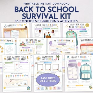 May include: A printable back to school survival kit featuring ten confidence-building activity sheets. The pages include titles like Worry Detective, School Confidence Plan, My First Day Game Plan, My Friendship Plan, and Big Feelings First Aid Kit.