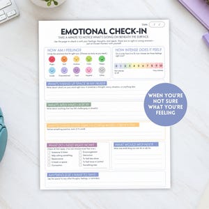 May include: An Emotional Check-In worksheet printed on white paper. The document features sections for feelings, intensity scales, and writing prompts. A circular purple graphic with the text 'WHEN YOU'RE NOT SURE WHAT YOU'RE FEELING' is overlaid on the right side.