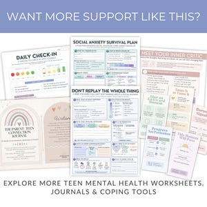 May include: A collection of mental health worksheets and journals featuring titles such as Daily Check-In, Social Anxiety Survival Plan, Don't Replay The Whole Thing, Meet Your Inner Critic, and The Parent-Teen Connection Journal with pastel color accents.