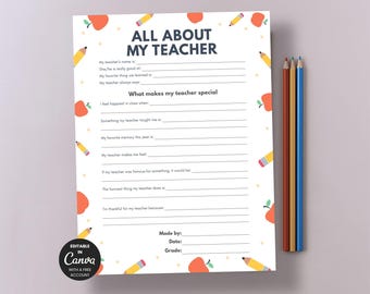 Teacher Appreciation Printable, All About My Teacher Worksheet, End of Year Teacher Gift from Students, Classroom Activity PDF