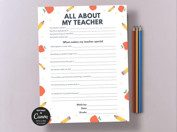 Teacher Appreciation Printable, All About My Teacher Worksheet, End of Year Teacher Gift from Students, Classroom Activity PDF