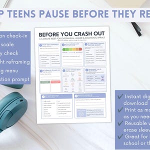 May include: A white printable worksheet titled BEFORE YOU CRASH OUT A 5-MINUTE RESET FOR OVERWHELM, ANGER & EMOTIONAL SPIRALS. The document features eight numbered sections with checkboxes, a color-coded stress scale, and prompts for emotional regulation.