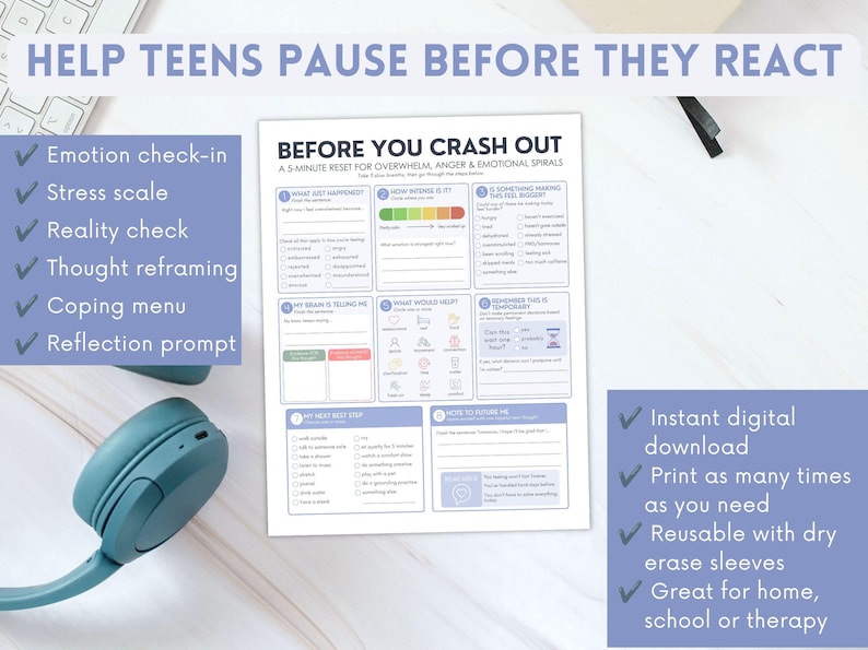 May include: A white printable worksheet titled BEFORE YOU CRASH OUT A 5-MINUTE RESET FOR OVERWHELM, ANGER & EMOTIONAL SPIRALS. The document features eight numbered sections with checkboxes, a color-coded stress scale, and prompts for emotional regulation.