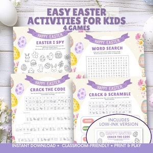 Op de afbeelding: Vier Paas-activiteitenbladen voor kinderen, met spellen zoals "Easter I Spy", een woordzoeker en codekrakerspuzzels. De bladen hebben een pastel kleurenschema met illustraties van paaseieren en konijntjes. Tekst bevat "Easy Easter Activities for Kids".