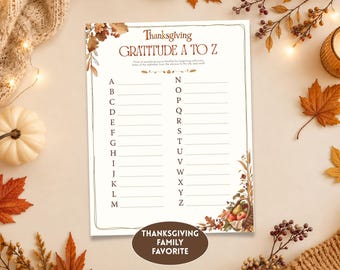 Thanksgiving Gratitude Activity Printable, Gratitude A to Z Worksheet for Kids, Teens & Family, Thankful Thanksgiving Activity