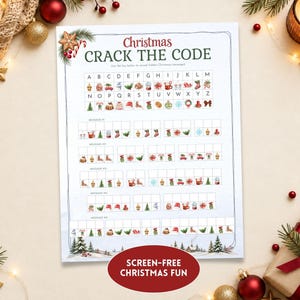 May include: A white paper activity sheet titled Christmas CRACK THE CODE featuring a letter-to-icon cipher key and five rows of empty boxes for decoding hidden holiday messages. The sheet is decorated with small watercolor illustrations of Christmas icons.