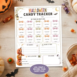 May include: A white paper Halloween candy tracker sheet featuring the title HALLOWEEN CANDY TRACKER, sections for name and year, a grid for candy names and counts, and areas for favorites, trading, notes, and costume details with pumpkin illustrations.
