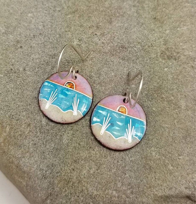 Handmade Fine Cloisonne Sunset Beach Earrings Sterling Silver Drop Dangle Artisan Jewelry Delia Stone Beach Glass Mermaid Life