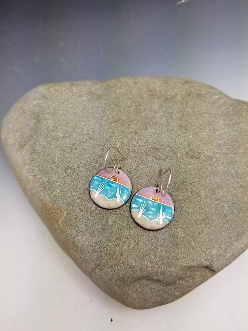 Handmade Fine Cloisonne Sunset Beach Earrings Sterling Silver Drop Dangle Artisan Jewelry Delia Stone Beach Glass Mermaid Life