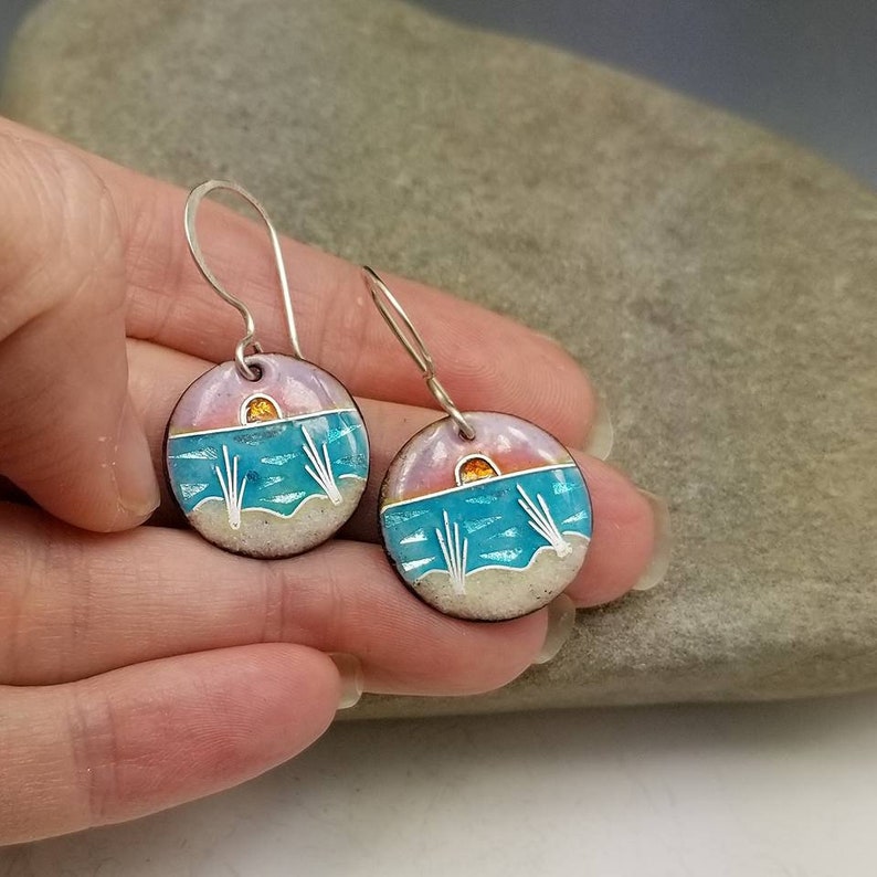 Handmade Fine Cloisonne Sunset Beach Earrings Sterling Silver Drop Dangle Artisan Jewelry Delia Stone Beach Glass Mermaid Life