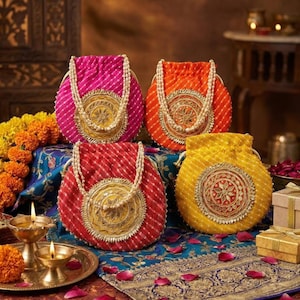 25 x Assorted Gota Patti bhandej potli golden work (Best for wedding/ladies gift/women hand bags)  | Mehendi, sangeet favor, return gift