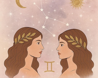 Impresión digital del zodiaco Géminis – Decoración de pared con acuarela – Descarga PNG celestial – Regalo para Géminis – Póster curioso e ingenioso