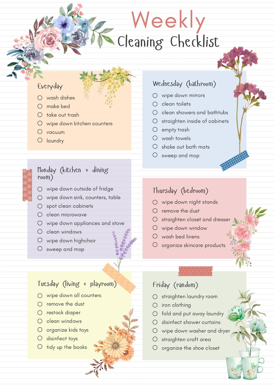Weekly Cleaning Checklist Printable Floral Chore Chart PDF Daily & Room ...