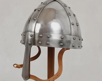 Medieval Steel Norman Nasal Viking Helmet on Wooden Stand | Viking Conical Helmet with Leather Chinstrap | Historical Armor Display