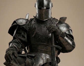 May include: A kneeling suit of medieval armor in dark metal. The armor includes a helmet with a cross, chainmail, shoulder guards, and a breastplate. A long sword is held in the right hand. The overall tone is dark and historical.