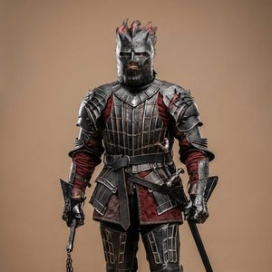 Puede incluir: Toma de cuerpo entero de un caballero medieval con armadura de metal oscuro y detalles rojos. El caballero lleva un casco, peto y armadura para las piernas, y sostiene una maza y una espada. La armadura tiene un diseño detallado en forma de rejilla.