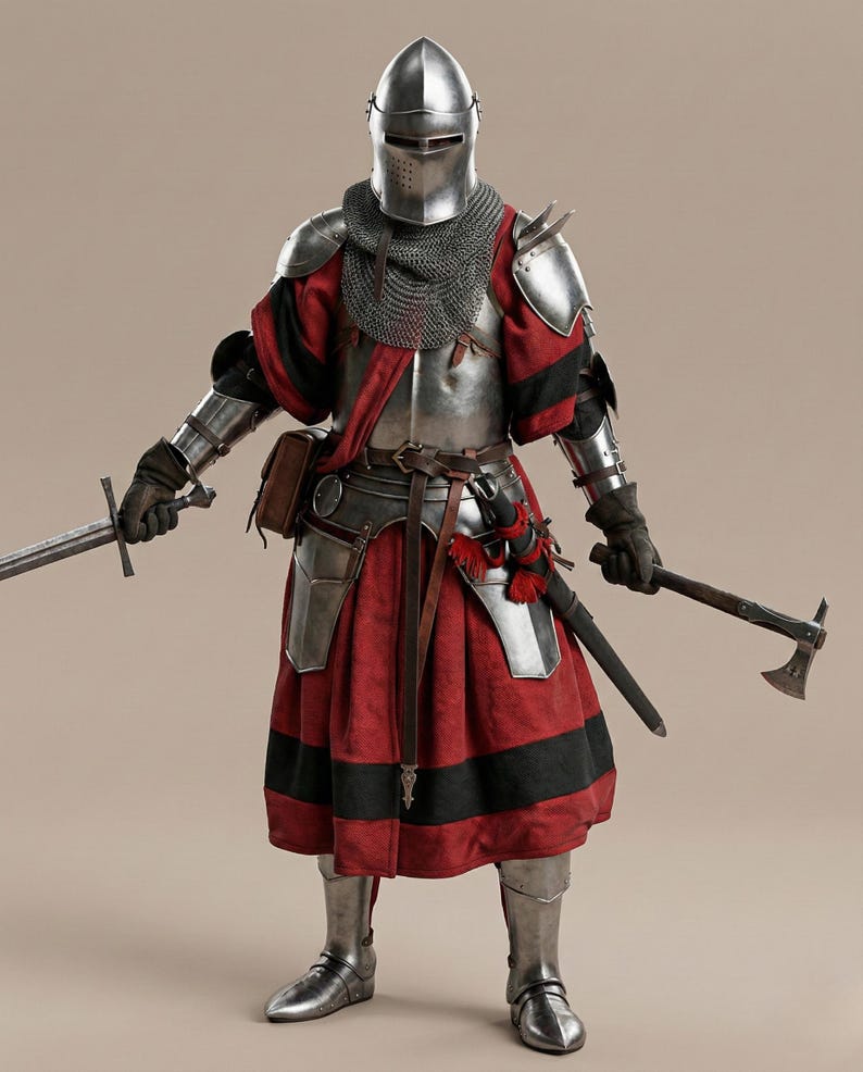 Puede incluir: Una armadura medieval completa, que incluye un casco, cota de malla y armadura de placas. La t&uacute;nica roja y negra se combina con una espada y un hacha de guerra. La armadura es muy detallada y realista.