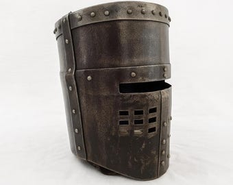 Medieval Crusader Great Helmet – Handmade Steel Knight Helmet with Riveted Detailing Blackened Steel Old Steel Helmet
