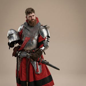 Puede incluir: Un caballero medieval con armadura completa, sosteniendo un casco. La armadura es plateada y roja, con una cofia de malla. El atuendo del caballero incluye una t&uacute;nica roja con una franja negra, guantes de cuero y una espada.