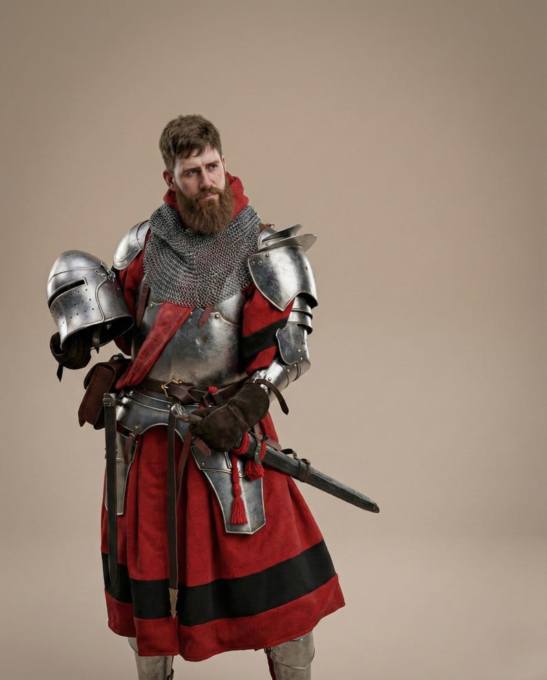 Puede incluir: Un caballero medieval con armadura completa, sosteniendo un casco. La armadura es plateada y roja, con una cofia de malla. El atuendo del caballero incluye una t&uacute;nica roja con una franja negra, guantes de cuero y una espada.