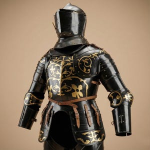 Könnte beinhalten: Eine vollständige schwarze Rüstung mit goldenen floralen Mustern. Die Rüstung umfasst einen Helm, einen Brustpanzer, Arm- und Beinschutz sowie einen braunen Ledergürtel. Die Rüstung wird vor einem neutralen Hintergrund präsentiert.