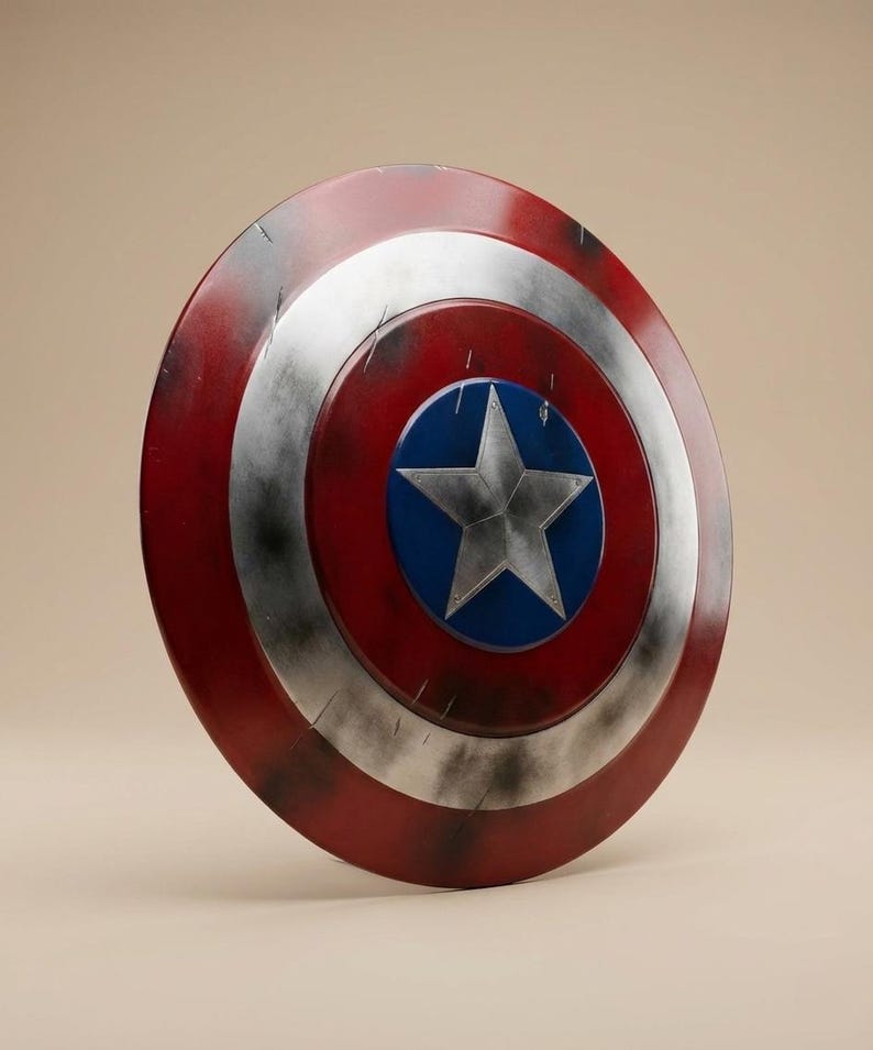 May include: A circular shield in red, white, and blue, featuring a silver star at its centre. The design includes concentric rings of colour and a distressed, battle-worn finish. A classic superhero accessory.