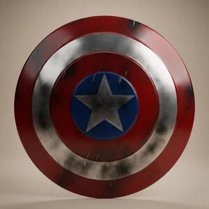 May include: A circular shield in red, silver, and blue. The design includes a central blue disc with a silver star, a silver ring, and a red outer ring. The shield has a distressed, battle-worn look, with signs of wear and tear.