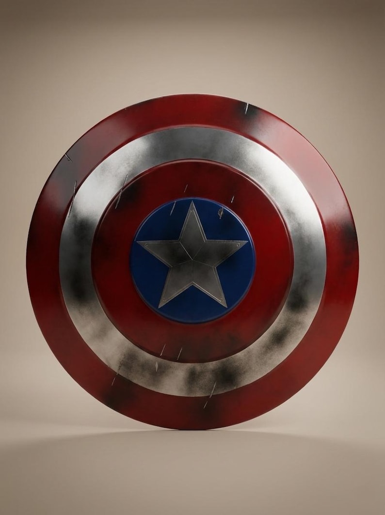 May include: A circular shield in red, silver, and blue. The design includes a central blue disc with a silver star, a silver ring, and a red outer ring. The shield has a distressed, battle-worn look, with signs of wear and tear.