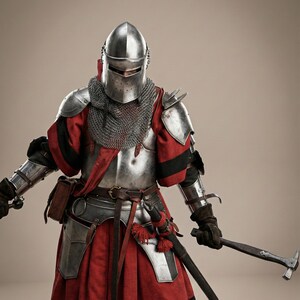 Puede incluir: Un caballero medieval con armadura completa, que incluye un casco, cota de malla y placas de metal. El atuendo del caballero presenta detalles en rojo y negro, con un cintur&oacute;n de cuero y un arma en la mano. El caballero sostiene un martillo.