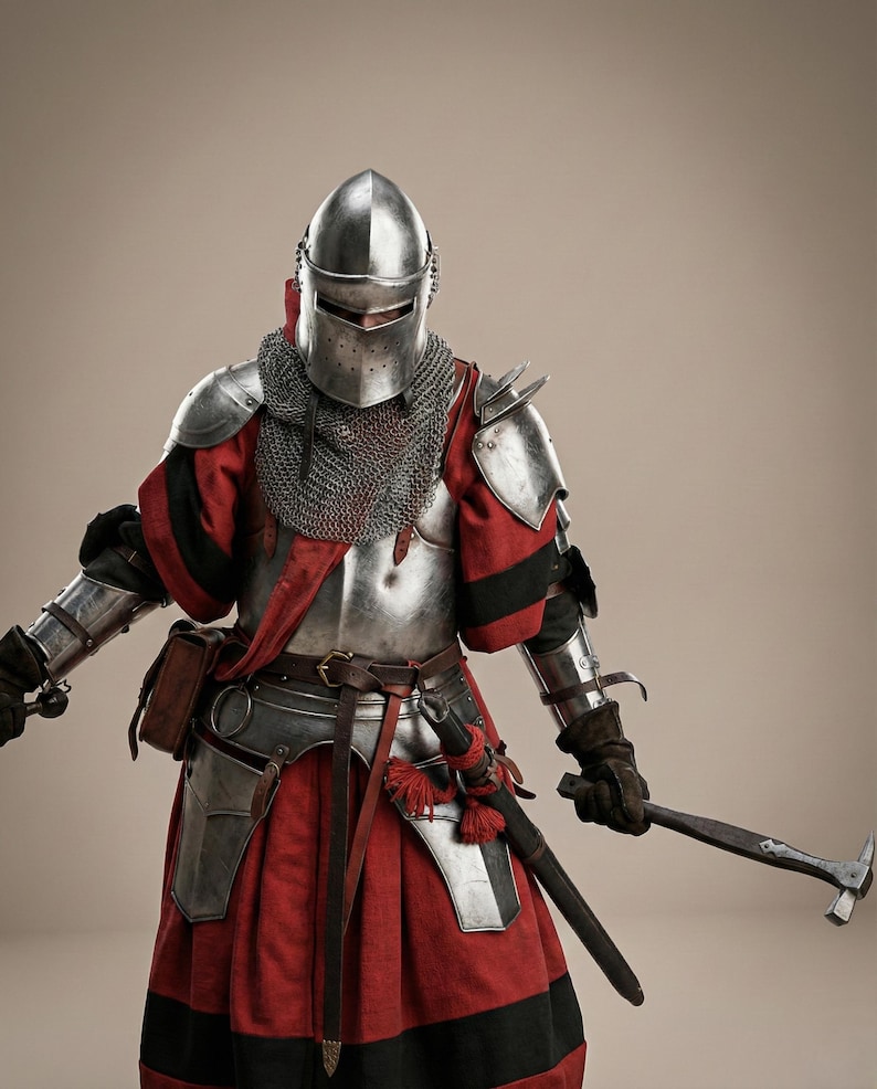 Puede incluir: Un caballero medieval con armadura completa, que incluye un casco, cota de malla y placas de metal. El atuendo del caballero presenta detalles en rojo y negro, con un cintur&oacute;n de cuero y un arma en la mano. El caballero sostiene un martillo.