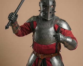中世騎士の鎧コスチューム | スパイク付きヘルメット戦士衣装 | 歴史的鎧 | LARPコスプレルネッサンス鎧 | 手作りスチール鎧