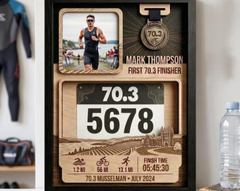 First 70.3 Triathlon Bib and Medal Display, Personalized Musselman Race Bib Holder, Custom Triathlon Medal Hanger