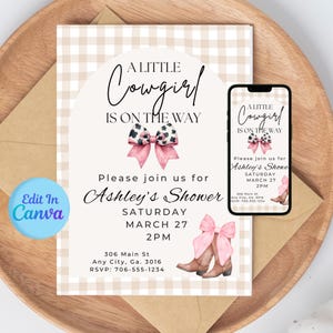Cowgirl Pink Baby Shower Invitation Editable in Canva Baby Shower Invite Cowboy Boots and Bows Wild West Baby Shower Invitation Template