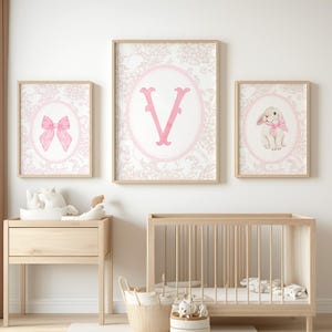 Pink Monogram Wall Art Set for Newborn Nursery with Vintage Bunny Art for Baby Girl Nursery with Custom Monogram Initial Coquette Art Set