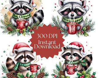 Christmas Racoon Clipart | Festive Coffee PNG | Holiday Racoon Bundle