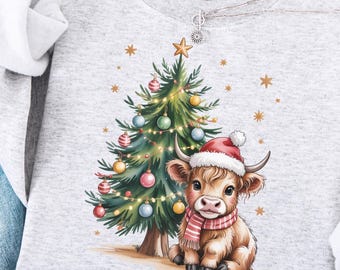 Highland Cow Christmas PNG, Preppy Christmas Lights PNG, Highland Cow Art, Cow Lover Christmas Shirt