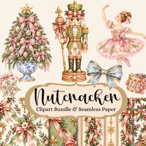 May include: A digital illustration set featuring a Christmas tree in a blue and white planter, a nutcracker, a ballerina, a blue bow, a drum, and a snowflake. The text reads Nutcracker Clipart Bundle & Seamless Paper on a beige background.