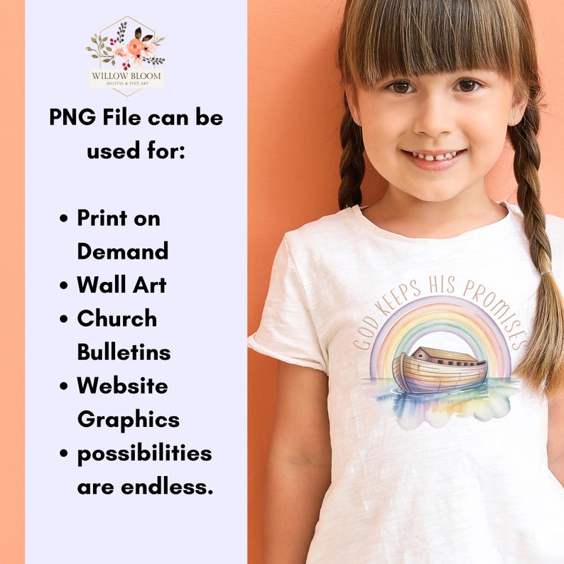 Puede incluir: Una camiseta blanca con un dise&ntilde;o de acuarela de un arco&iacute;ris, un barco y el texto "GOD KEEPS HIS PROMISES". La imagen tambi&eacute;n incluye texto que dice "El archivo PNG se puede utilizar para: Imprimir bajo demanda, Arte mural, Boletines de la iglesia, Gr&aacute;ficos de sitios web, las posibilidades son infinitas."