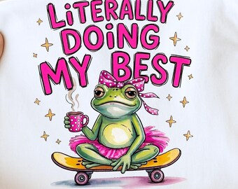Fazendo o meu melhor para um PNG de sapo motivacional engraçado | Camiseta retrô de sapo PNG peculiar | Clipart de sapo vintage PNG com citação positiva de sapo