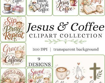 Paquete de diseños PNG de Jesús y el café / Imágenes prediseñadas cristianas de café / Paquete de imágenes PNG de cristianismo para camisetas de mujer / Gráficos religiosos digitales